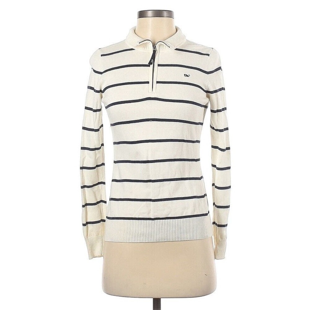 Vineyard Vines Women Ivory Navy Pullover Sweater Striped 1/4 Zip